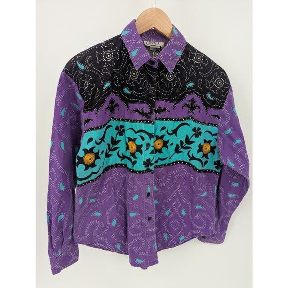 90s Vintage Western 100% Cotton Button Up Shirt Women's Medium Aztec Cowboy - Picture 3 of 6